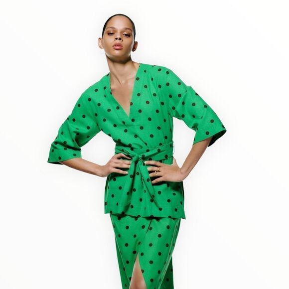 ZARA | Green | LINEN BLEND POLKA DOT KAFTAN - Picture 5 of 9